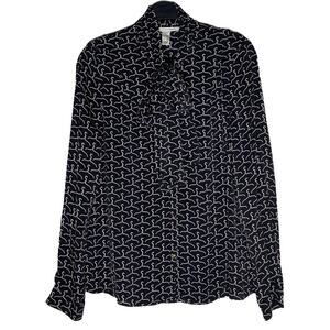 Diane Von Furstenberg Women's Tie Collar Silk Blouse Hanger Print Long Sleeve
